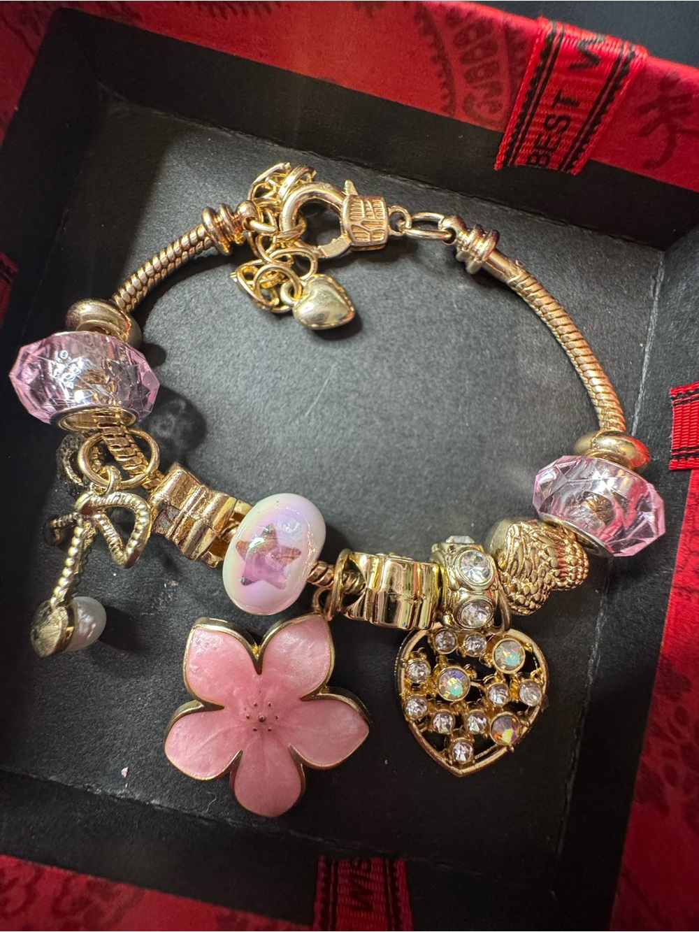 Gold-Tone Pink Flower Charm Bracelet – Women Jewelry